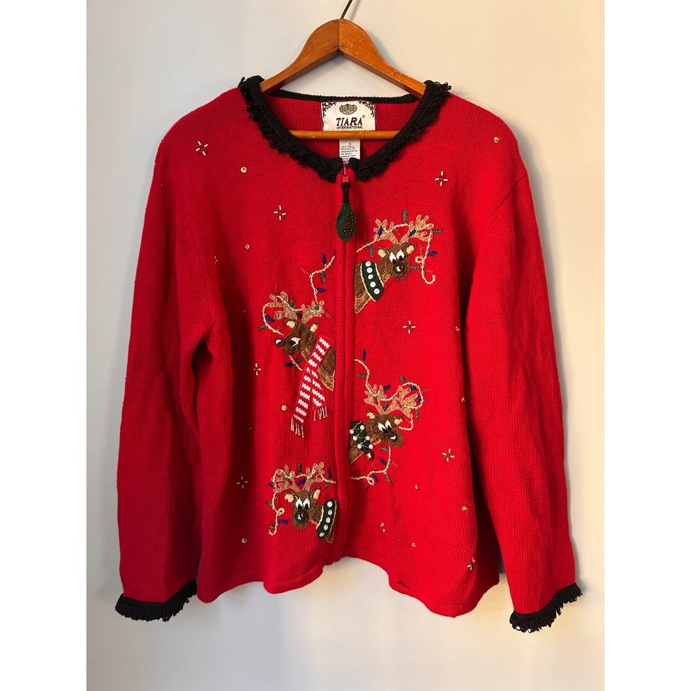 Tiara International Reindeer Christmas Cardigan Red Zip Sweater Womens Small